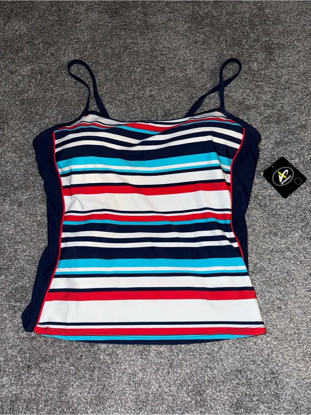 Women’s Athletech Striped Swim Top in Navy, Turquoise & Red NWT Size 14